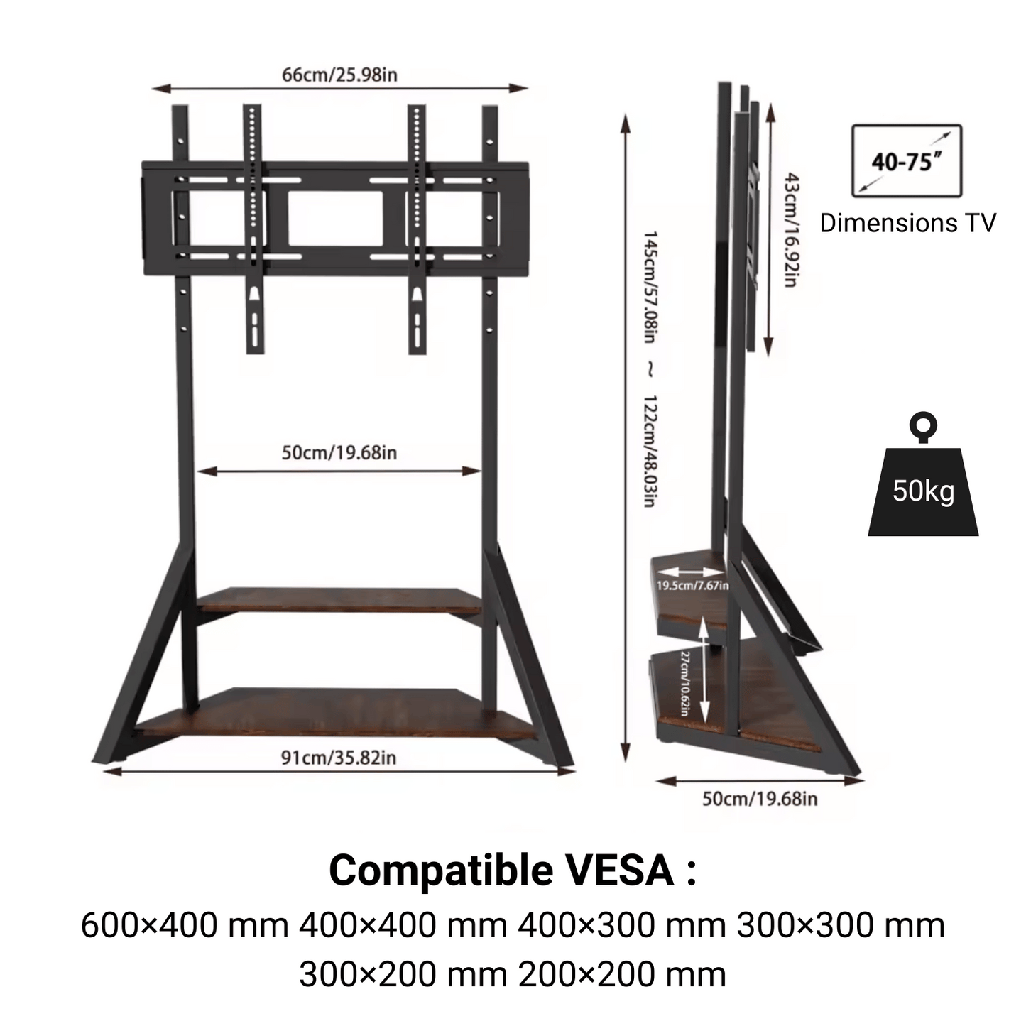 SteelLoft 75 – Support TV au Sol Industriel Réglable avec Étagère (40" à 75")