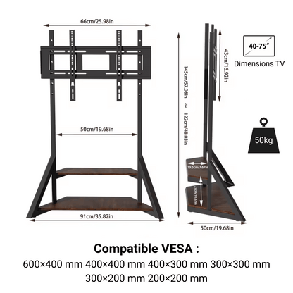 SteelLoft 75 – Support TV au Sol Industriel Réglable avec Étagère (40" à 75")