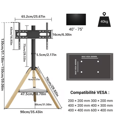 WoodFrame 75 – Support TV Trépied Chevalet Design Réglable (40" à 75")