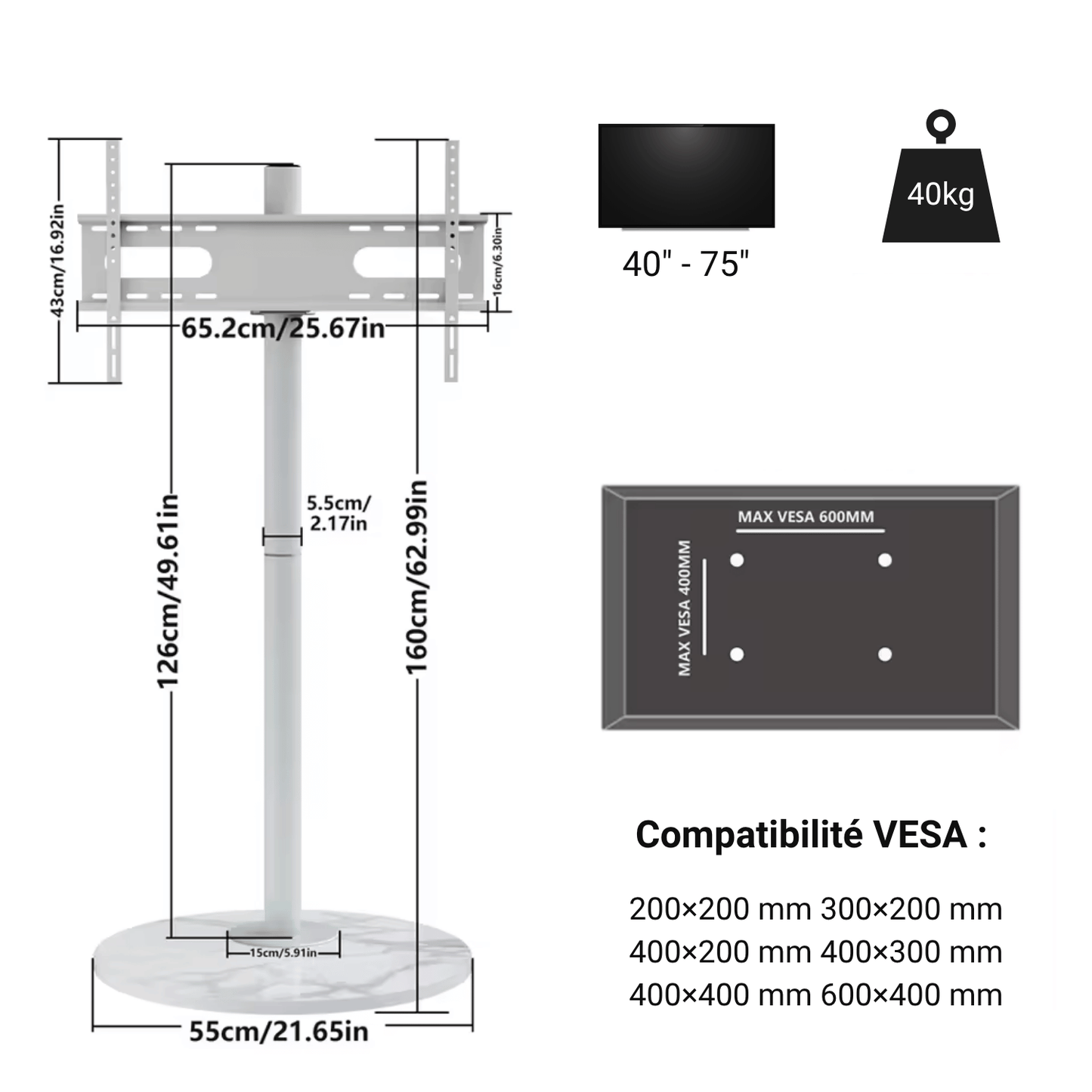 StoneBase 75 – Support TV au Sol Design avec Pied en Pierre (40" à 75")